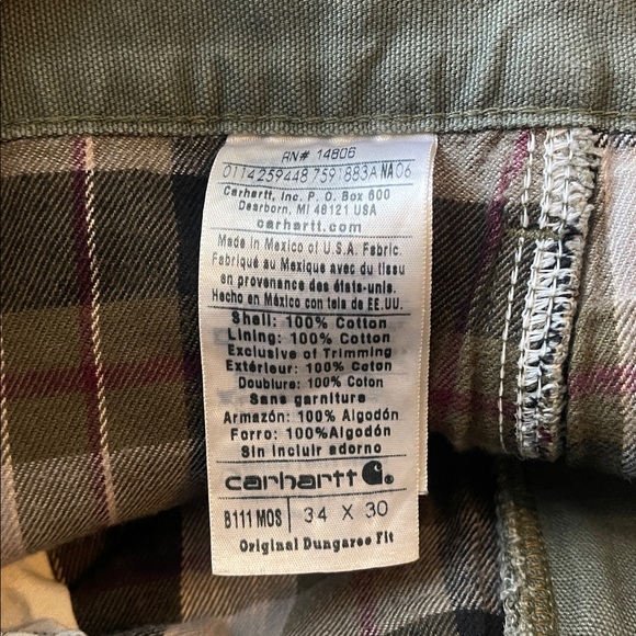 Carhartt Men's Dark Green original dungaree fit pants  34 x 30 lined work pants - Picture 2 of 7